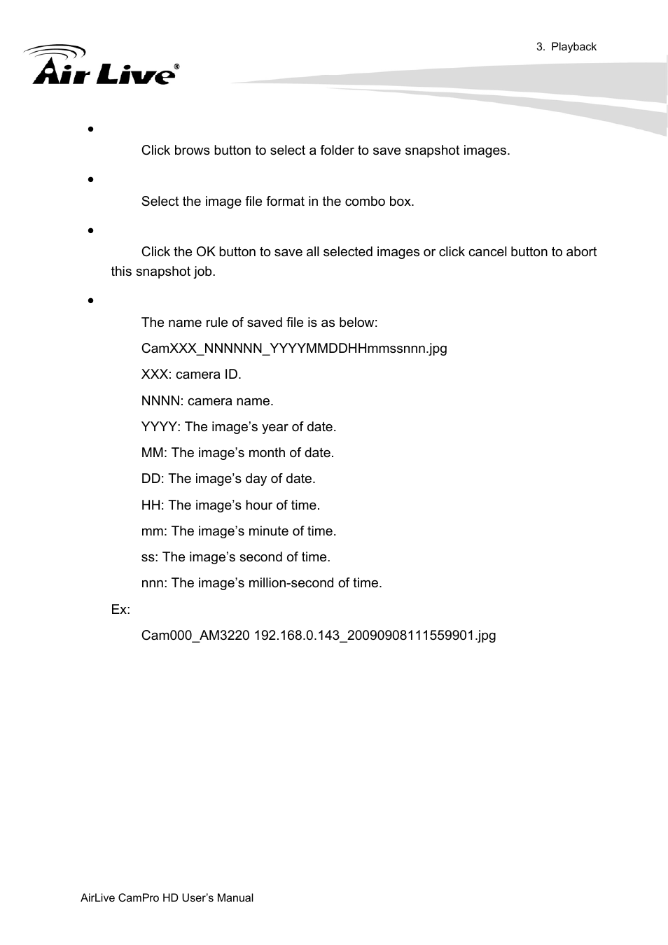Select snapshot folder, Select file format, Save snapshot images | Saved image file name | AirLive CamPro HD User Manual | Page 101 / 120