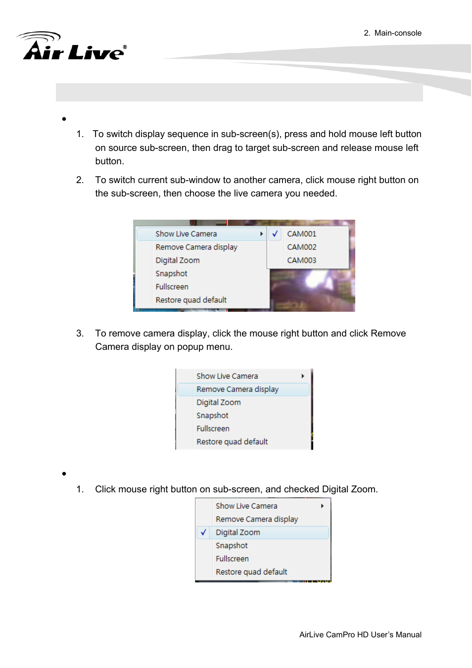 4 operation with sub-screen, Define display camera(s) sequence, Digital zoom at sub-screen | AirLive CamPro HD User Manual | Page 34 / 120