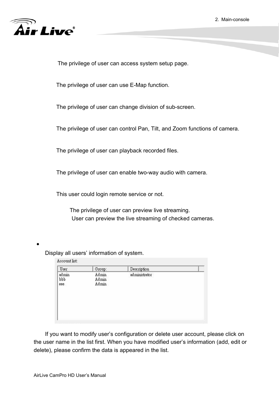 Account list | AirLive CamPro HD User Manual | Page 49 / 120