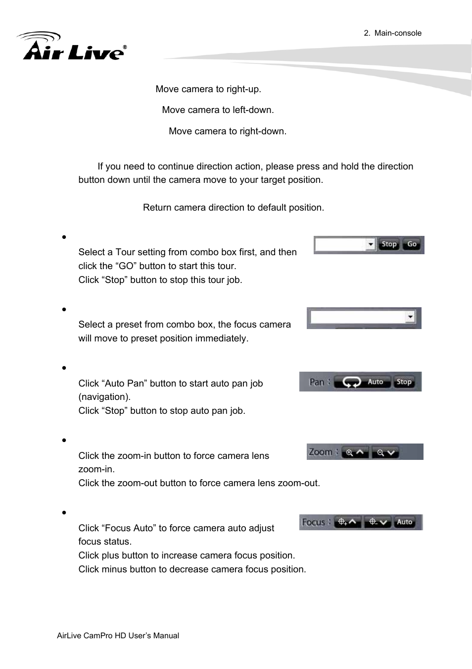 Tour control, Preset control, Auto pan control | Zoom control, Focus control | AirLive CamPro HD User Manual | Page 75 / 120