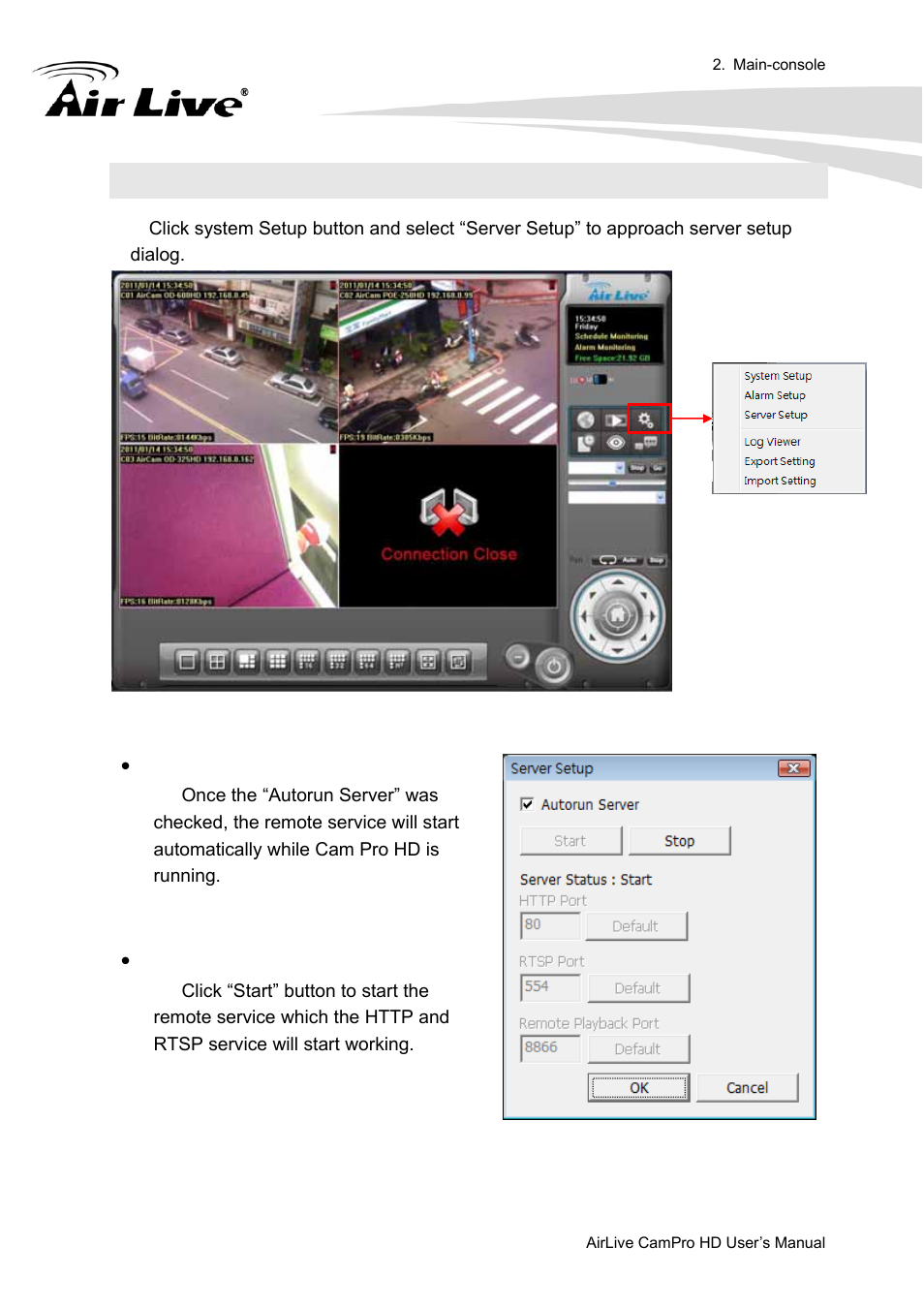 12 server setup, Autorun server, Start server | AirLive CamPro HD User Manual | Page 86 / 120