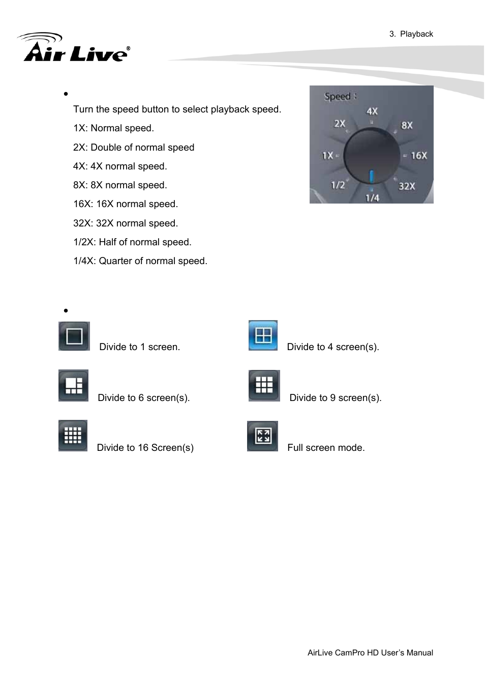 Playback speed control, Division control buttons | AirLive CamPro HD User Manual | Page 96 / 120