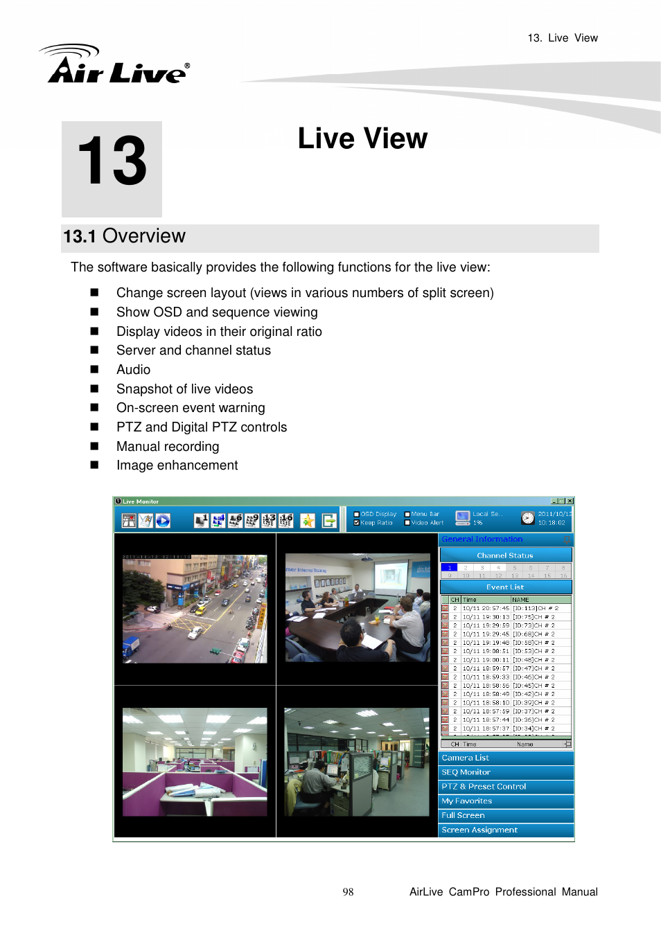 Live view, 1 overview, Overview | AirLive CamPro Professional User Manual | Page 104 / 178