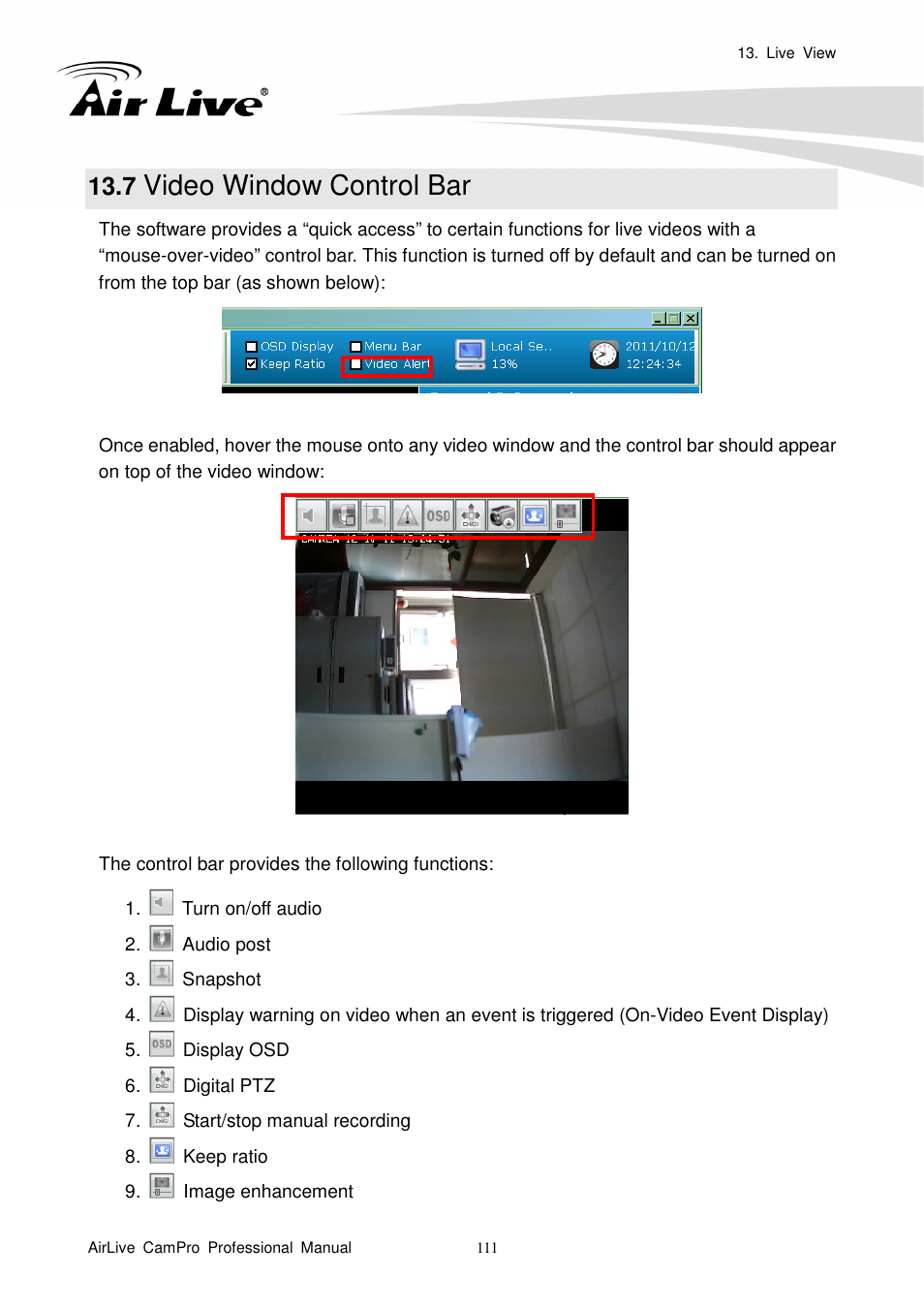 7 video window control bar, Video window control bar | AirLive CamPro Professional User Manual | Page 117 / 178