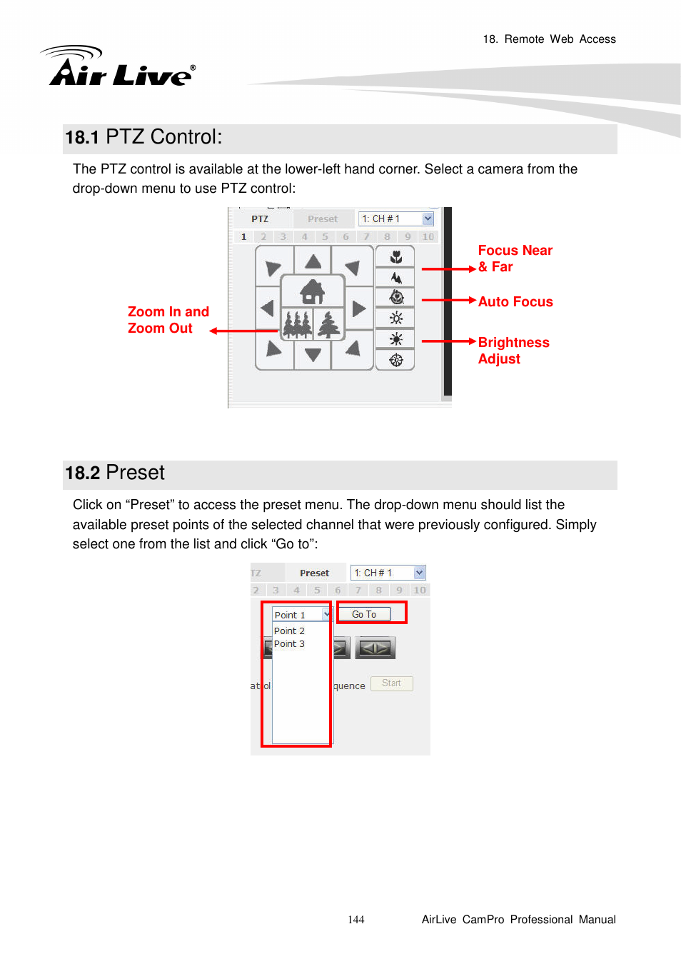 1 ptz control, 2 preset, Ptz control | Preset | AirLive CamPro Professional User Manual | Page 150 / 178