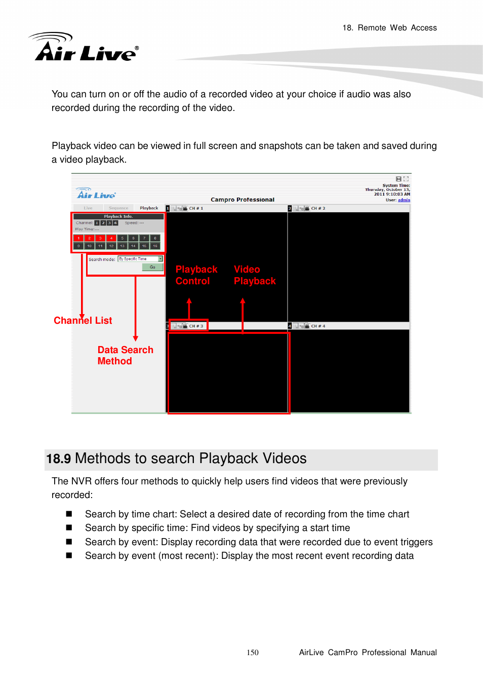 9 methods to search playback videos, Methods to search playback videos | AirLive CamPro Professional User Manual | Page 156 / 178