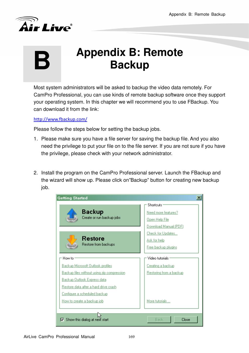 Appendix b: remotebackup, Appendix b: remote backup | AirLive CamPro Professional User Manual | Page 175 / 178