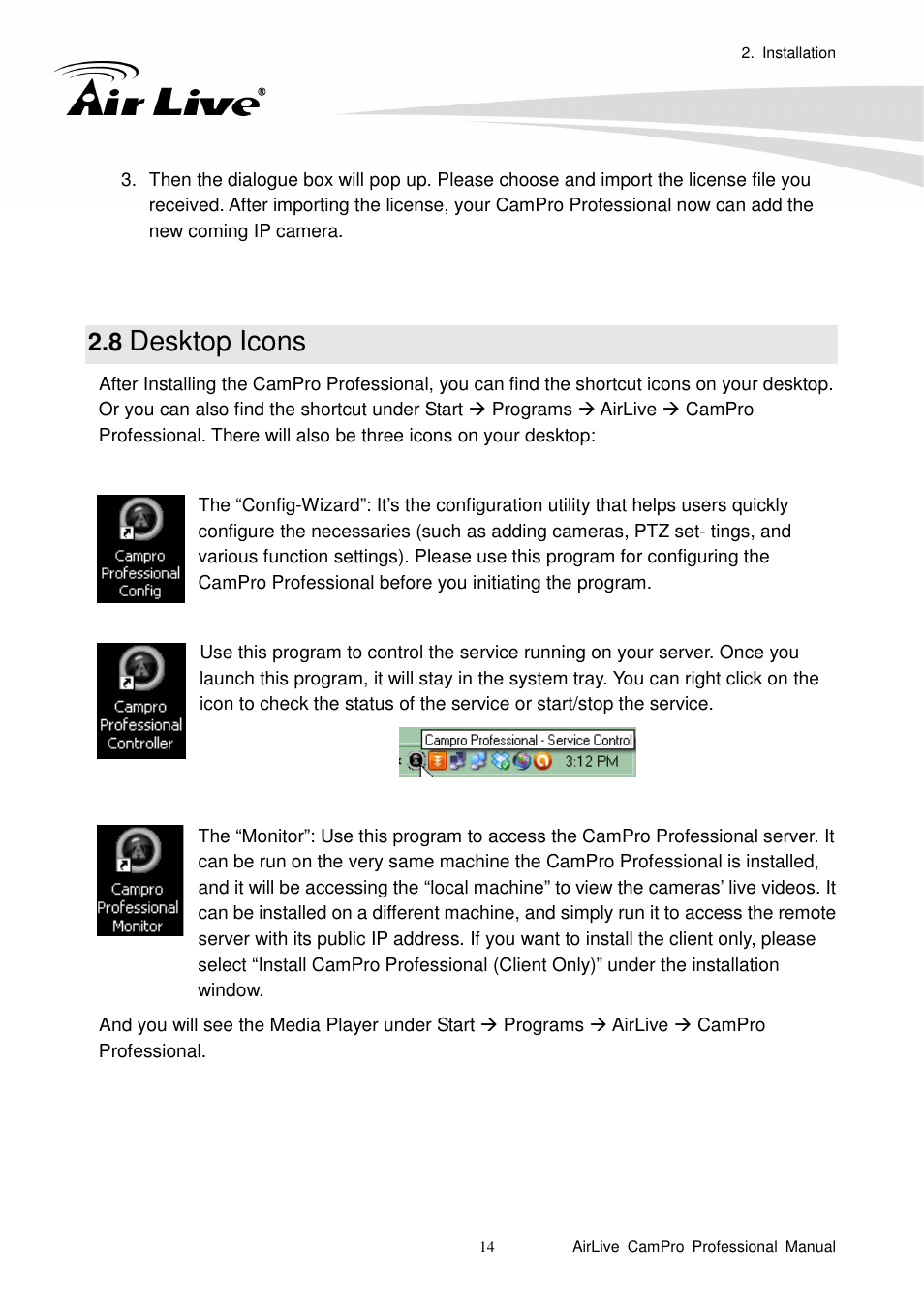 8 desktop icons, Desktop icons | AirLive CamPro Professional User Manual | Page 20 / 178