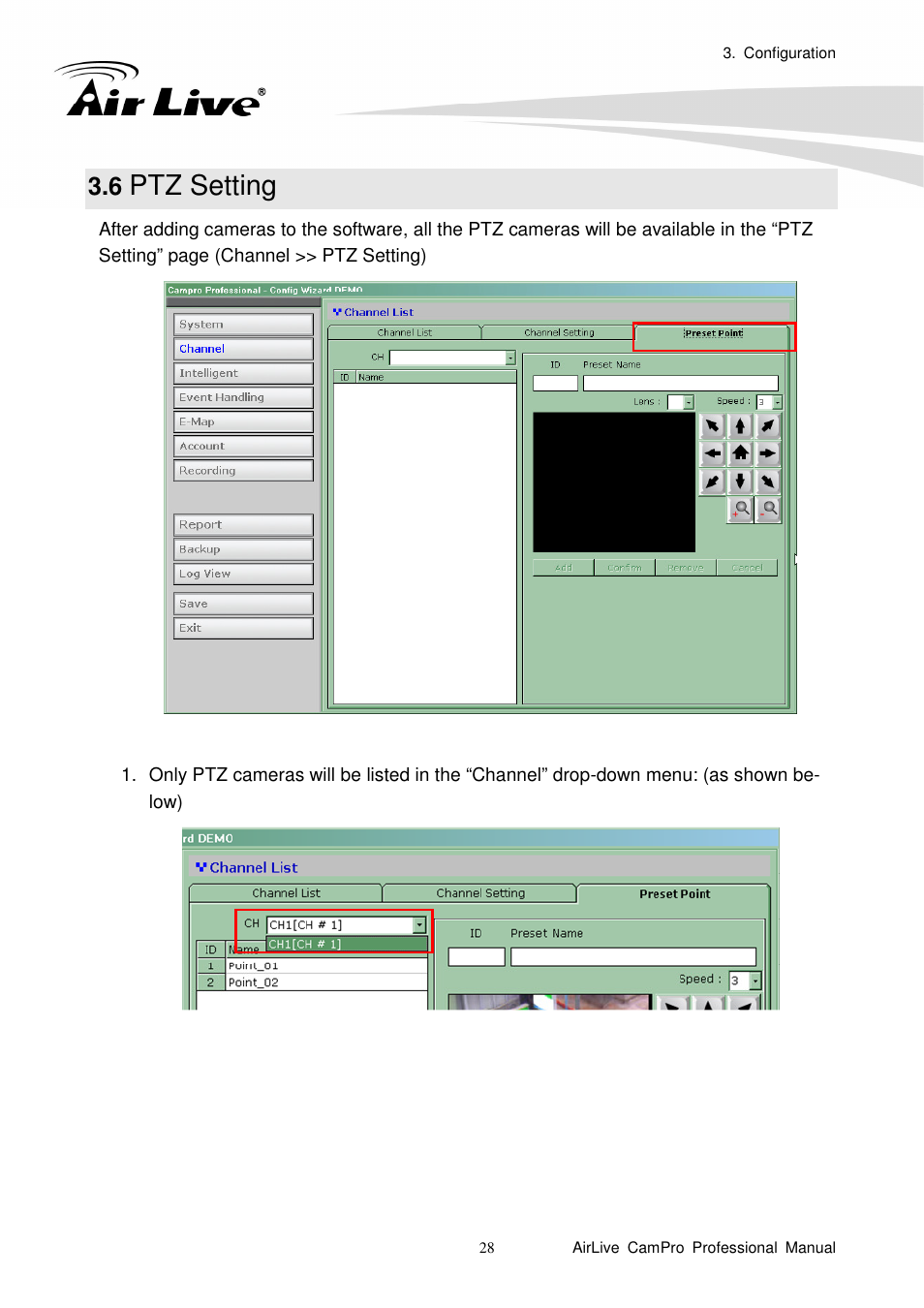 6 ptz setting, Ptz setting | AirLive CamPro Professional User Manual | Page 34 / 178