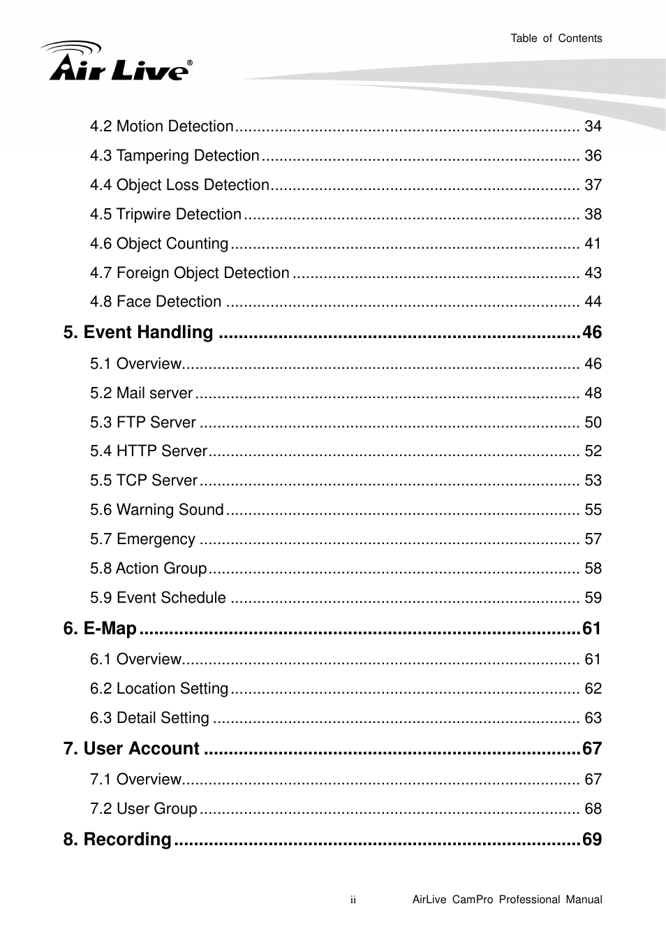 Event handling, E-map, User account | Recording | AirLive CamPro Professional User Manual | Page 4 / 178