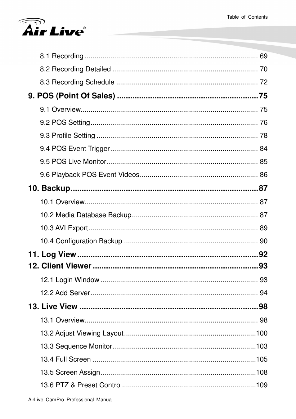 Pos (point of sales), Backup, Log view | Client viewer, Live view | AirLive CamPro Professional User Manual | Page 5 / 178