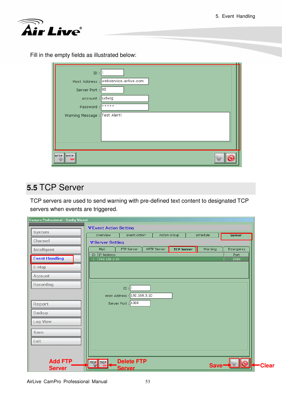 5 tcp server, Tcp server | AirLive CamPro Professional User Manual | Page 59 / 178