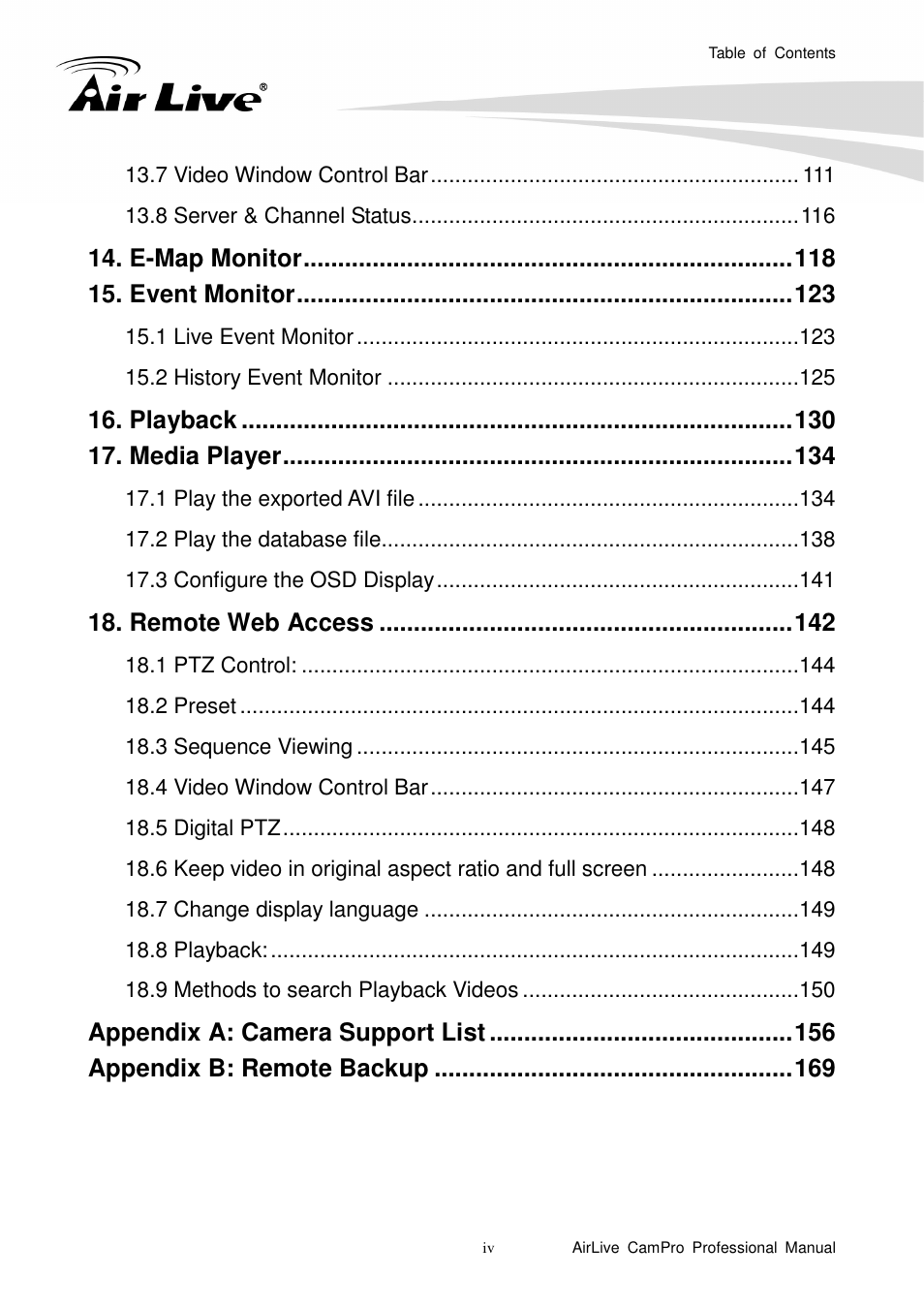 E-map monitor, Event monitor, Playback | Media player, Remote web access, Appendix a: camera support list, Appendix b: remote backup | AirLive CamPro Professional User Manual | Page 6 / 178