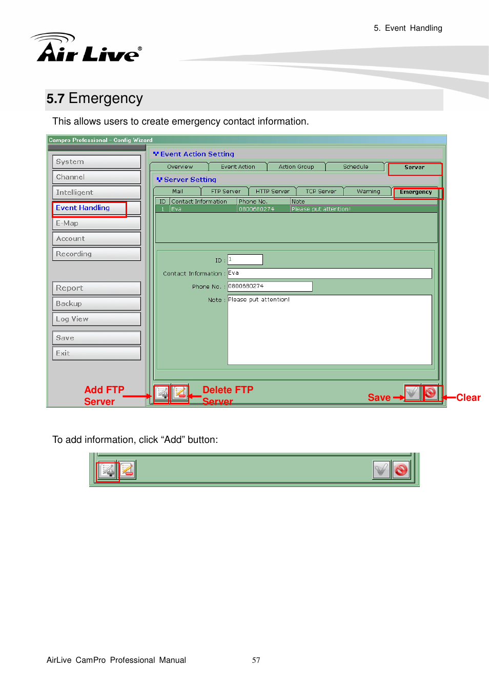 7 emergency, Emergency | AirLive CamPro Professional User Manual | Page 63 / 178