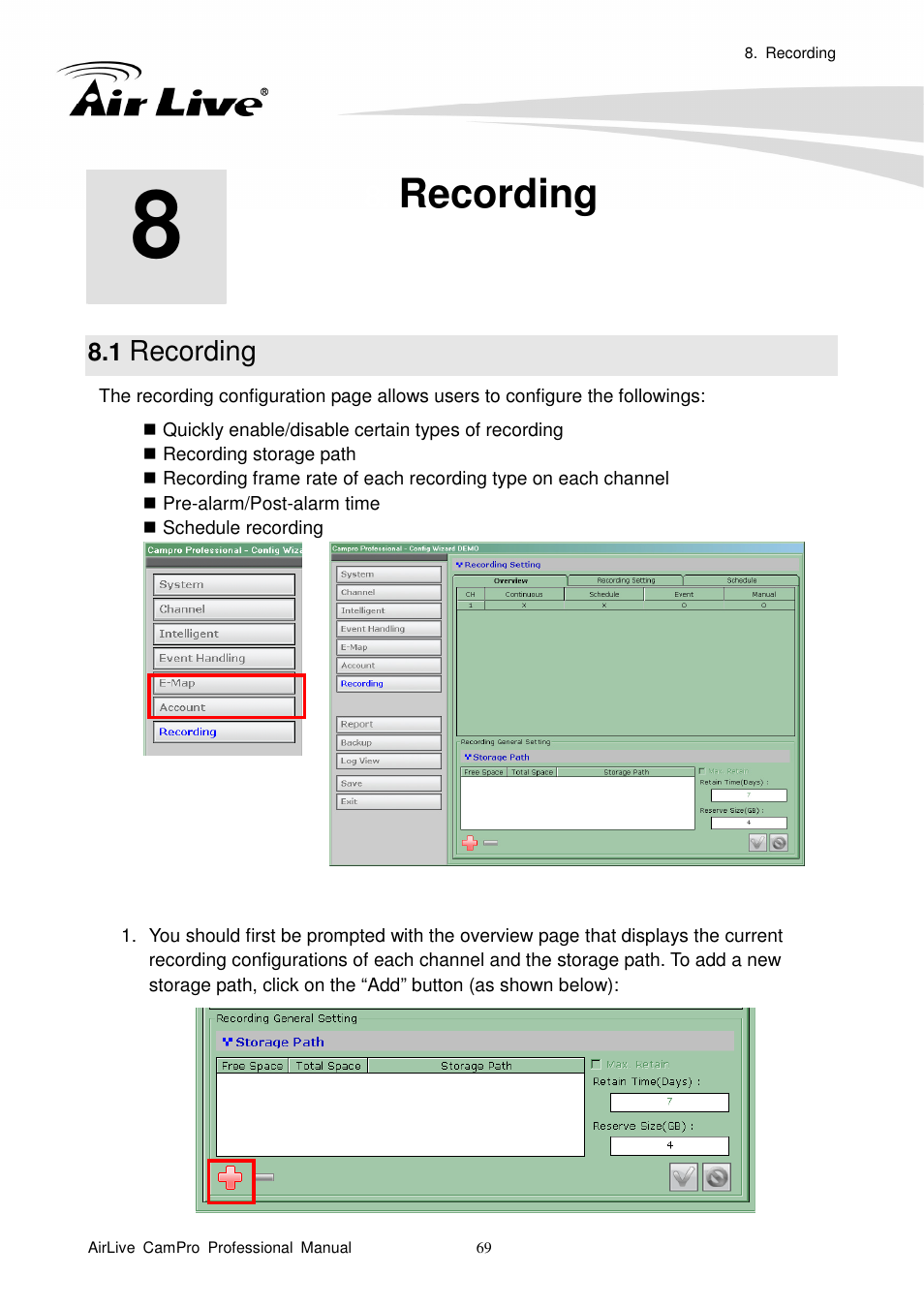 Recording, 1 recording | AirLive CamPro Professional User Manual | Page 75 / 178