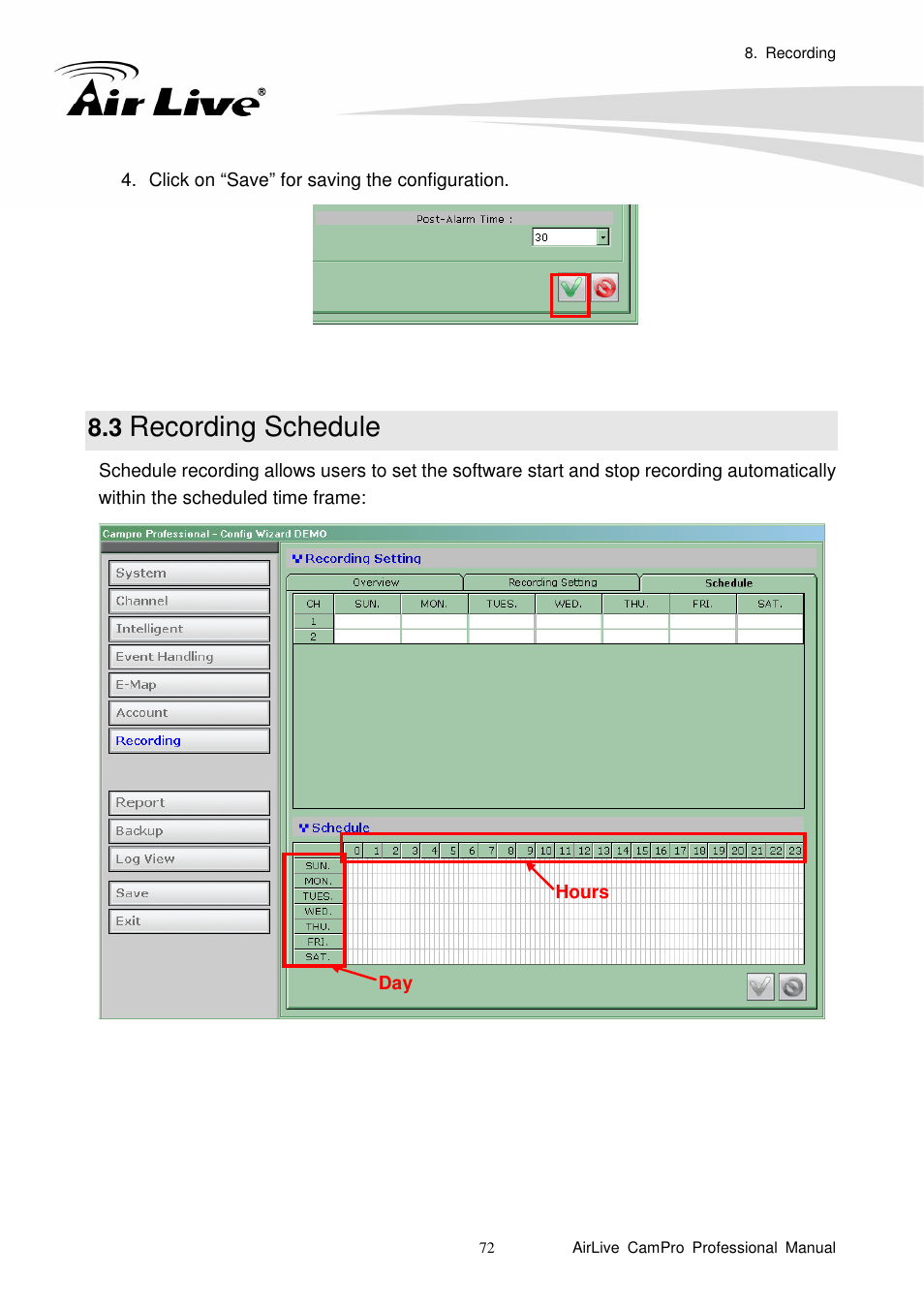 3 recording schedule, Recording schedule | AirLive CamPro Professional User Manual | Page 78 / 178