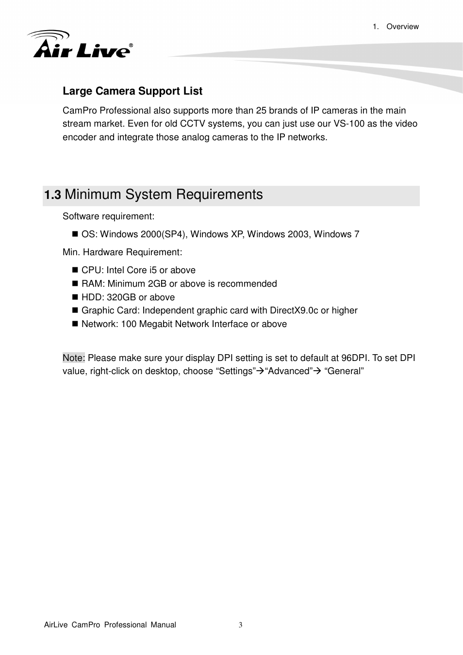 3 minimum system requirements, Minimum system requirements | AirLive CamPro Professional User Manual | Page 9 / 178