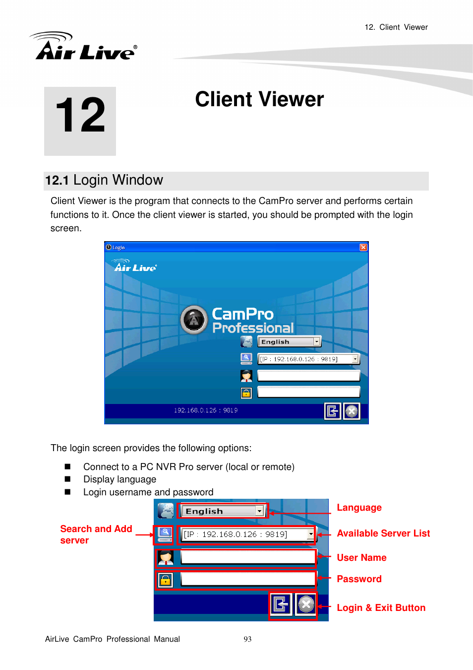 Client viewer, 1 login window, Login window | AirLive CamPro Professional User Manual | Page 99 / 178