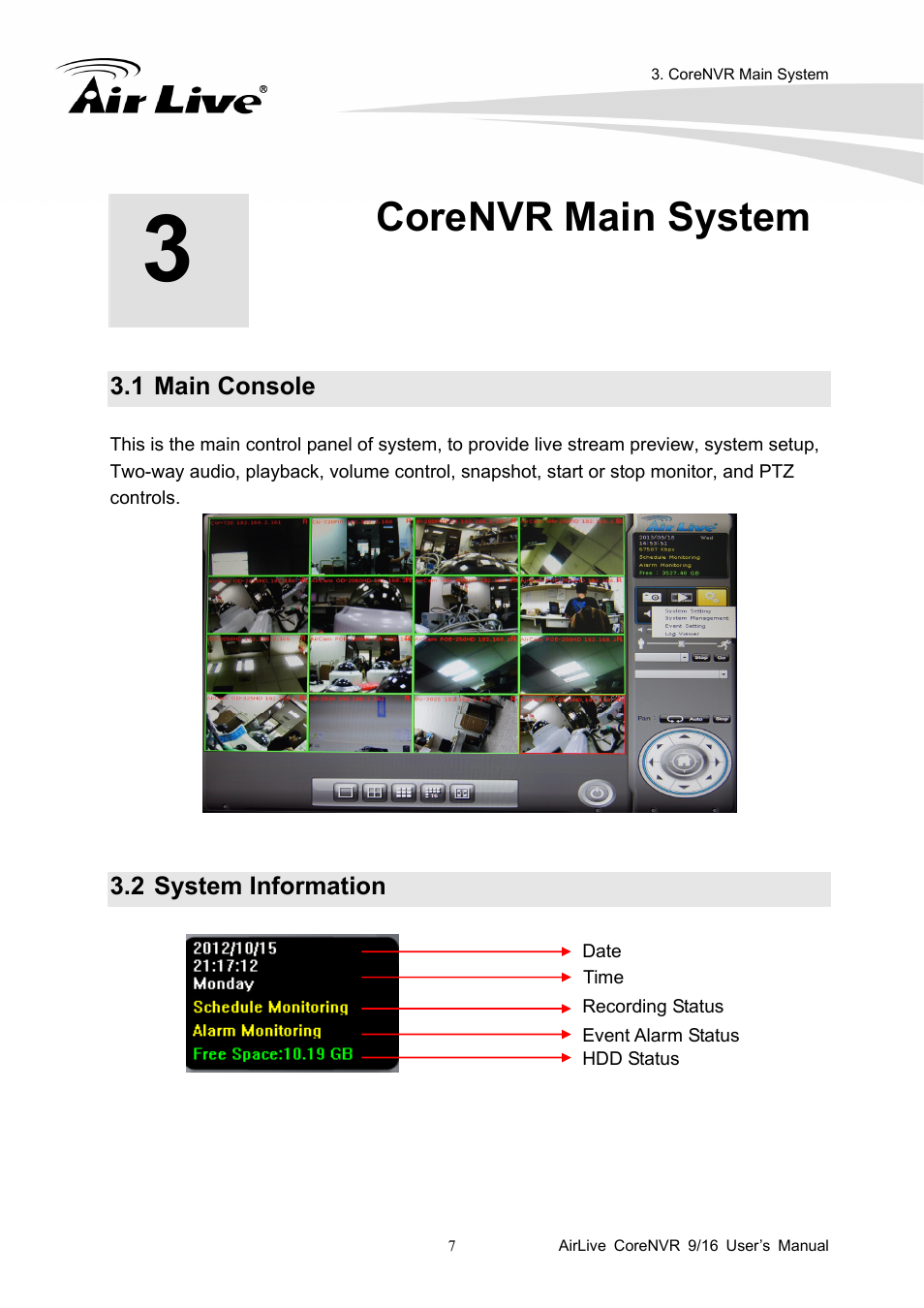 Corenvr main system, 1 main console, 2 system information | AirLive CoreNVR 9 User Manual | Page 13 / 55