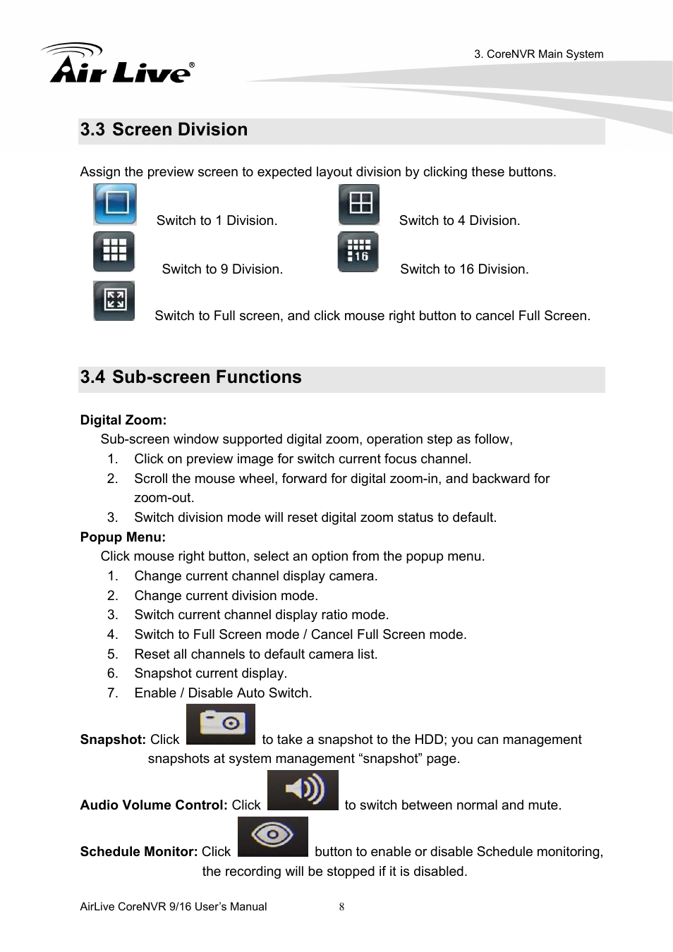 3 screen division, 4 sub-screen functions | AirLive CoreNVR 9 User Manual | Page 14 / 55
