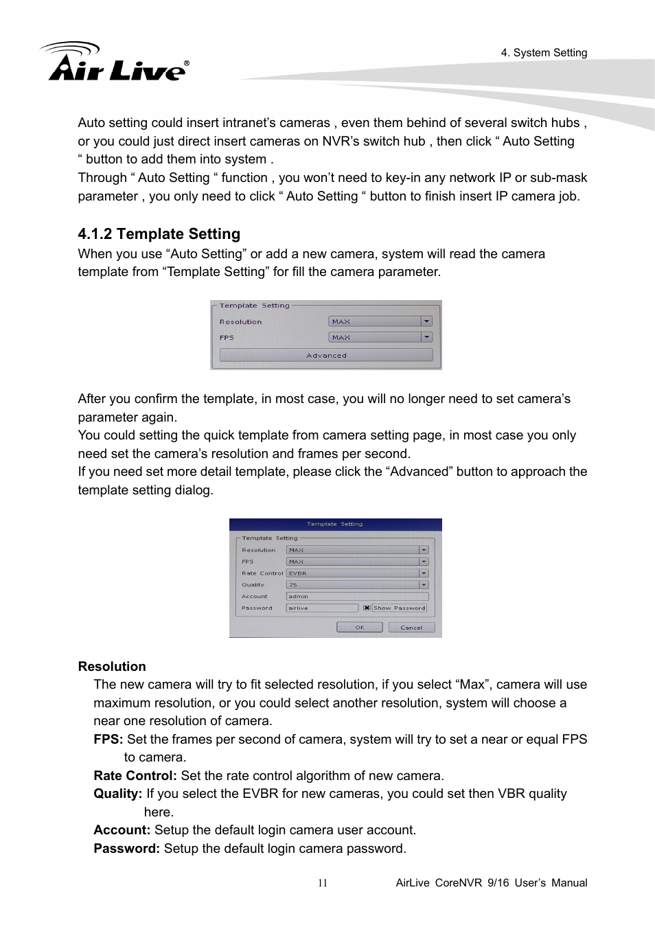 2 template setting | AirLive CoreNVR 9 User Manual | Page 17 / 55