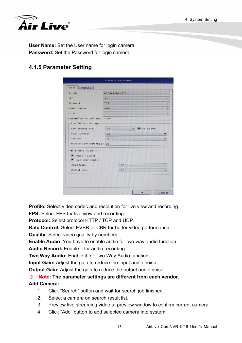 5 parameter setting | AirLive CoreNVR 9 User Manual | Page 19 / 55