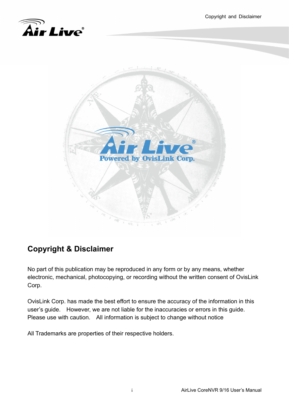 Copyright & disclaimer | AirLive CoreNVR 9 User Manual | Page 2 / 55