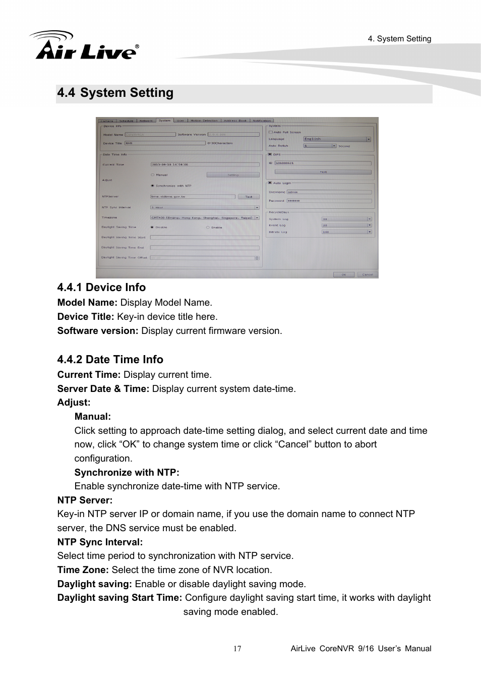 4 system setting | AirLive CoreNVR 9 User Manual | Page 23 / 55