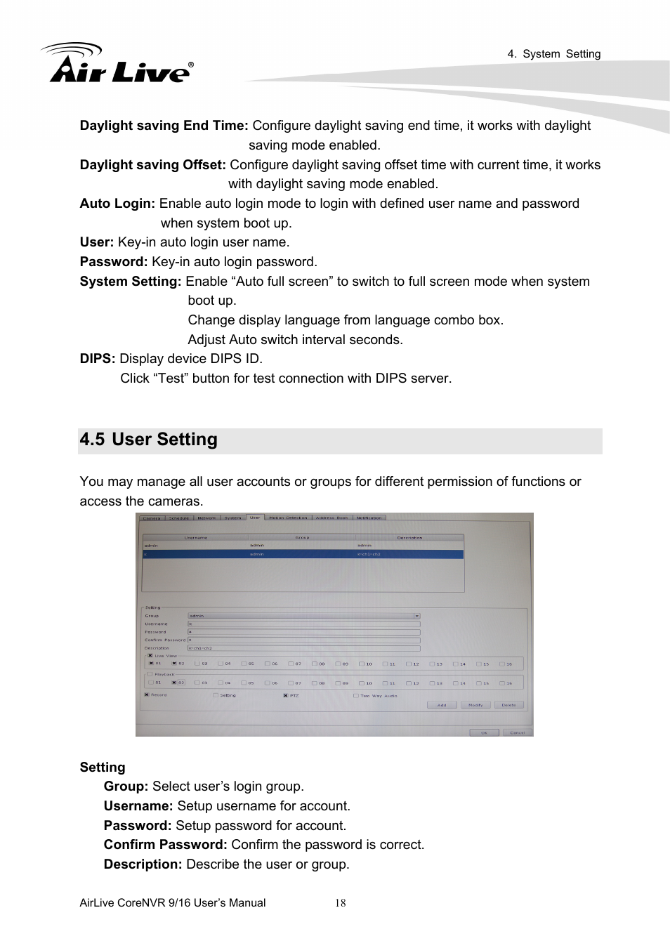 5 user setting | AirLive CoreNVR 9 User Manual | Page 24 / 55