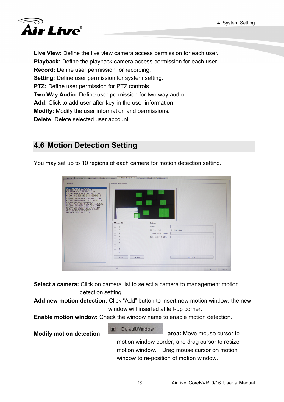 6 motion detection setting | AirLive CoreNVR 9 User Manual | Page 25 / 55