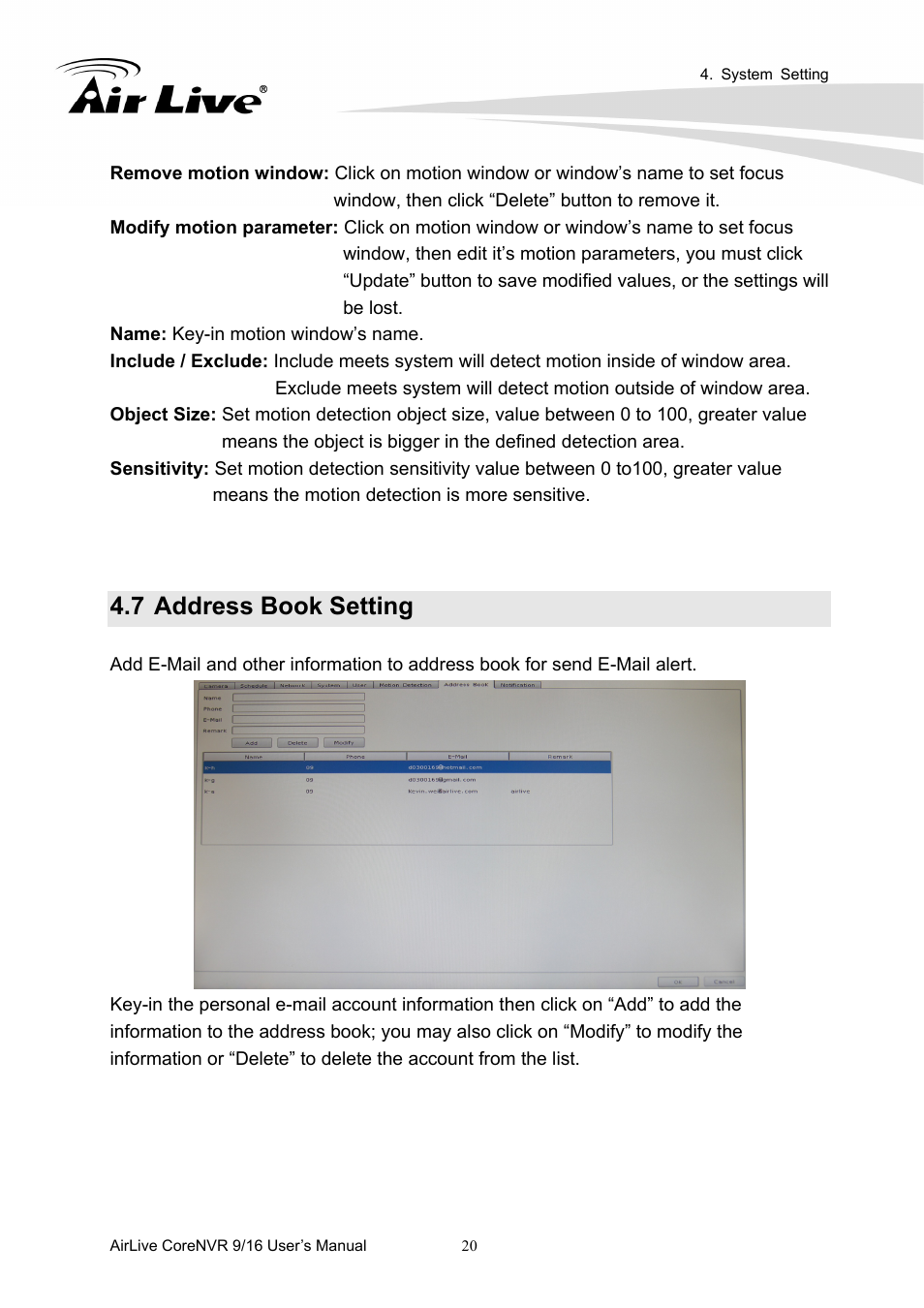 7 address book setting | AirLive CoreNVR 9 User Manual | Page 26 / 55