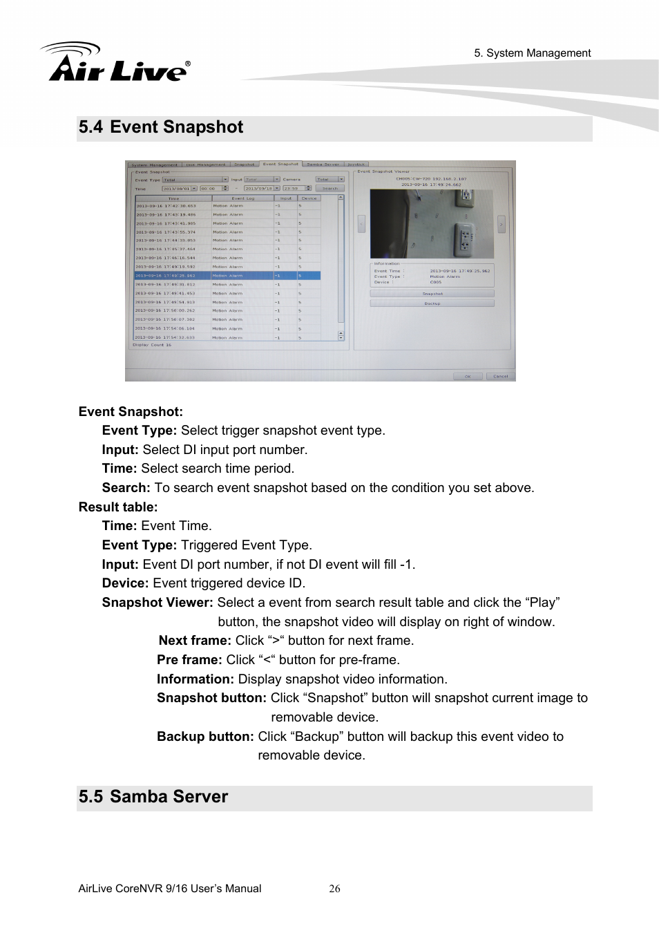 4 event snapshot, 5 samba server | AirLive CoreNVR 9 User Manual | Page 32 / 55