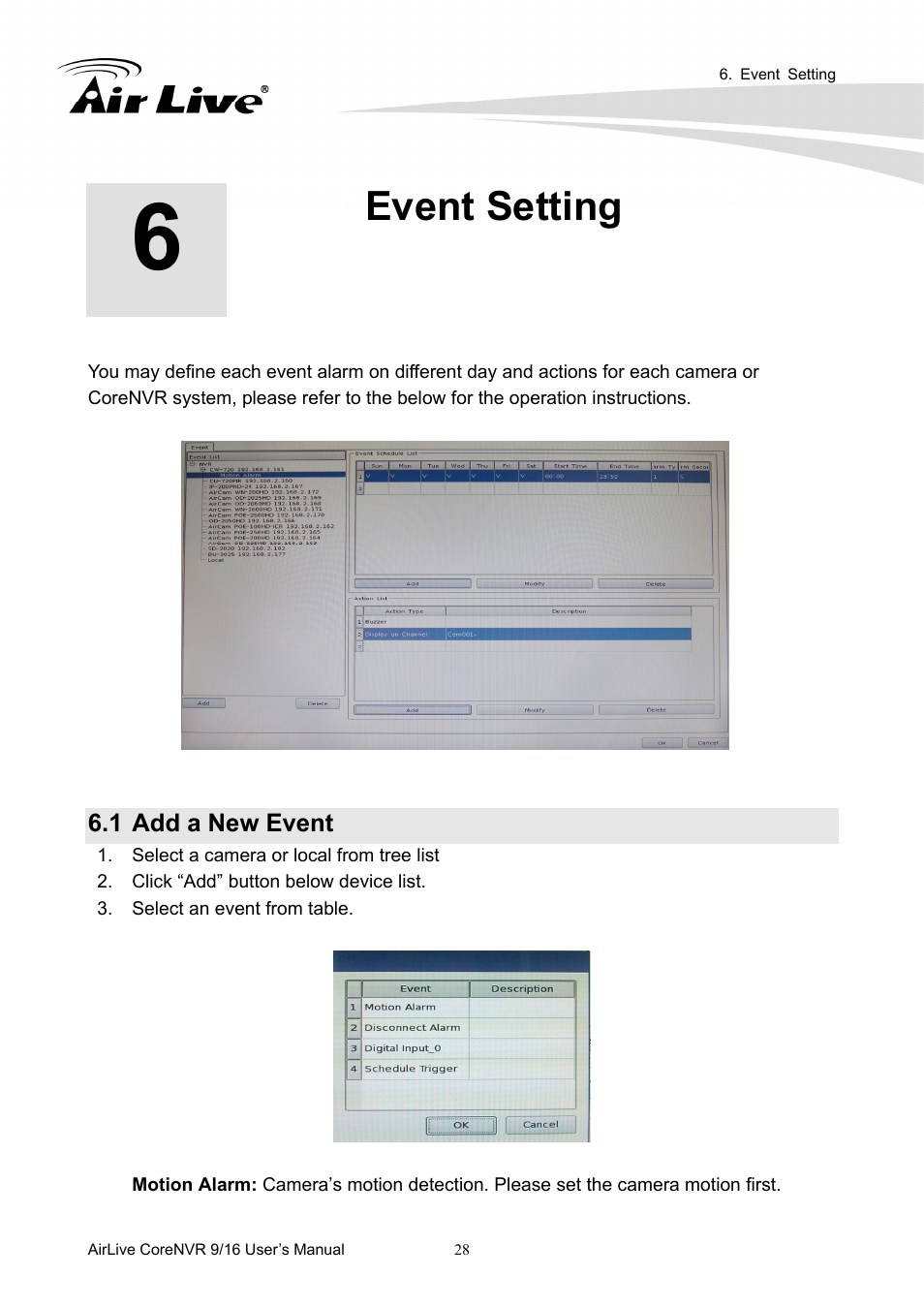 Event setting, 1 add a new event | AirLive CoreNVR 9 User Manual | Page 34 / 55