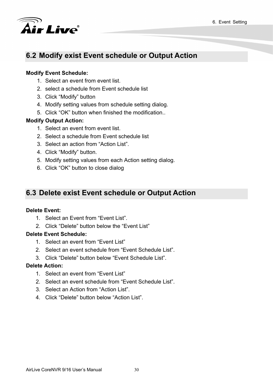 2 modify exist event schedule or output action, 3 delete exist event schedule or output action | AirLive CoreNVR 9 User Manual | Page 36 / 55
