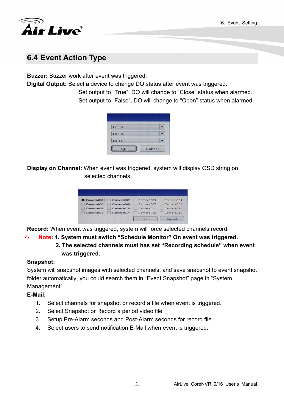 4 event action type | AirLive CoreNVR 9 User Manual | Page 37 / 55