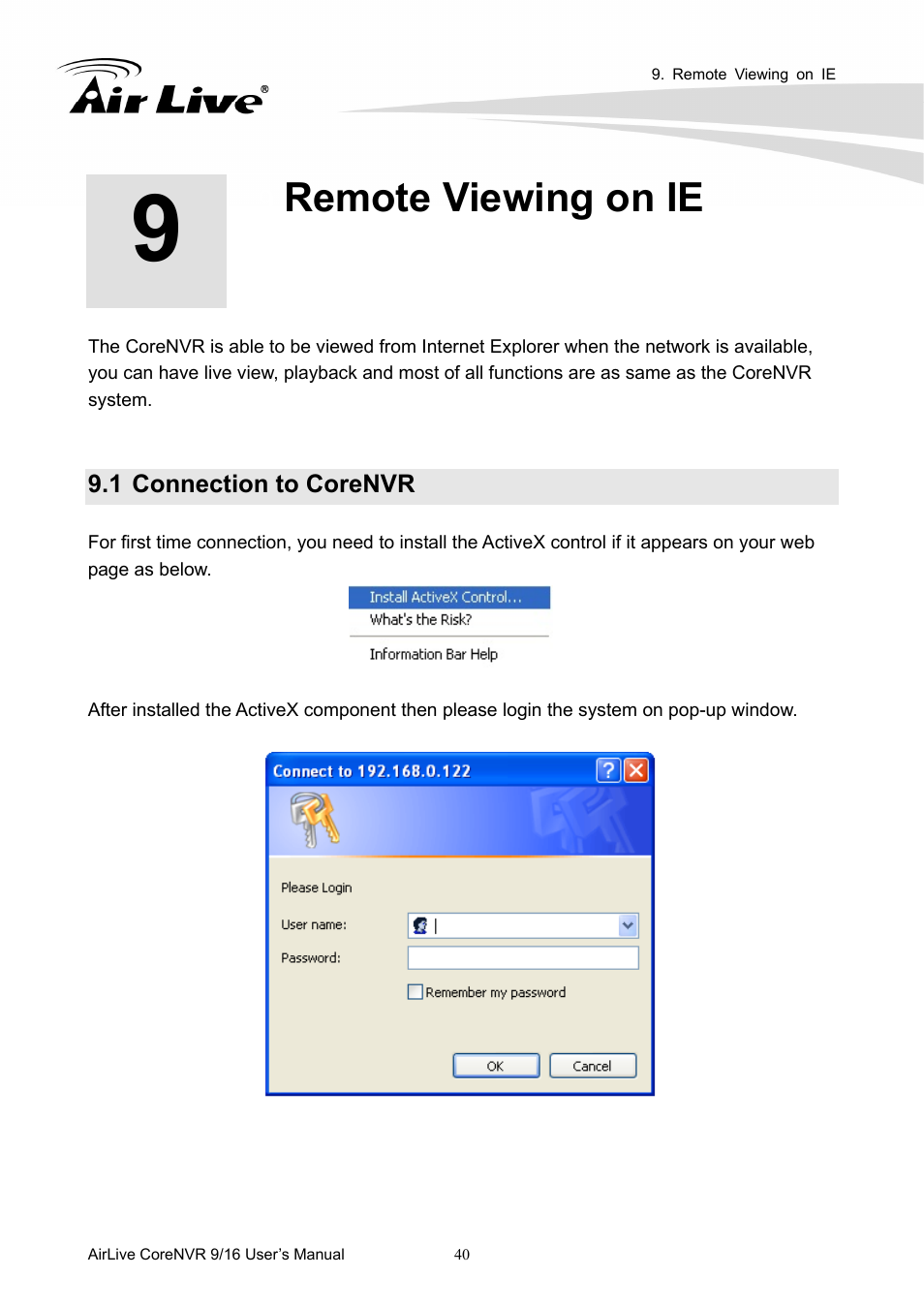 Remote viewing on ie, 1 connection to corenvr | AirLive CoreNVR 9 User Manual | Page 46 / 55