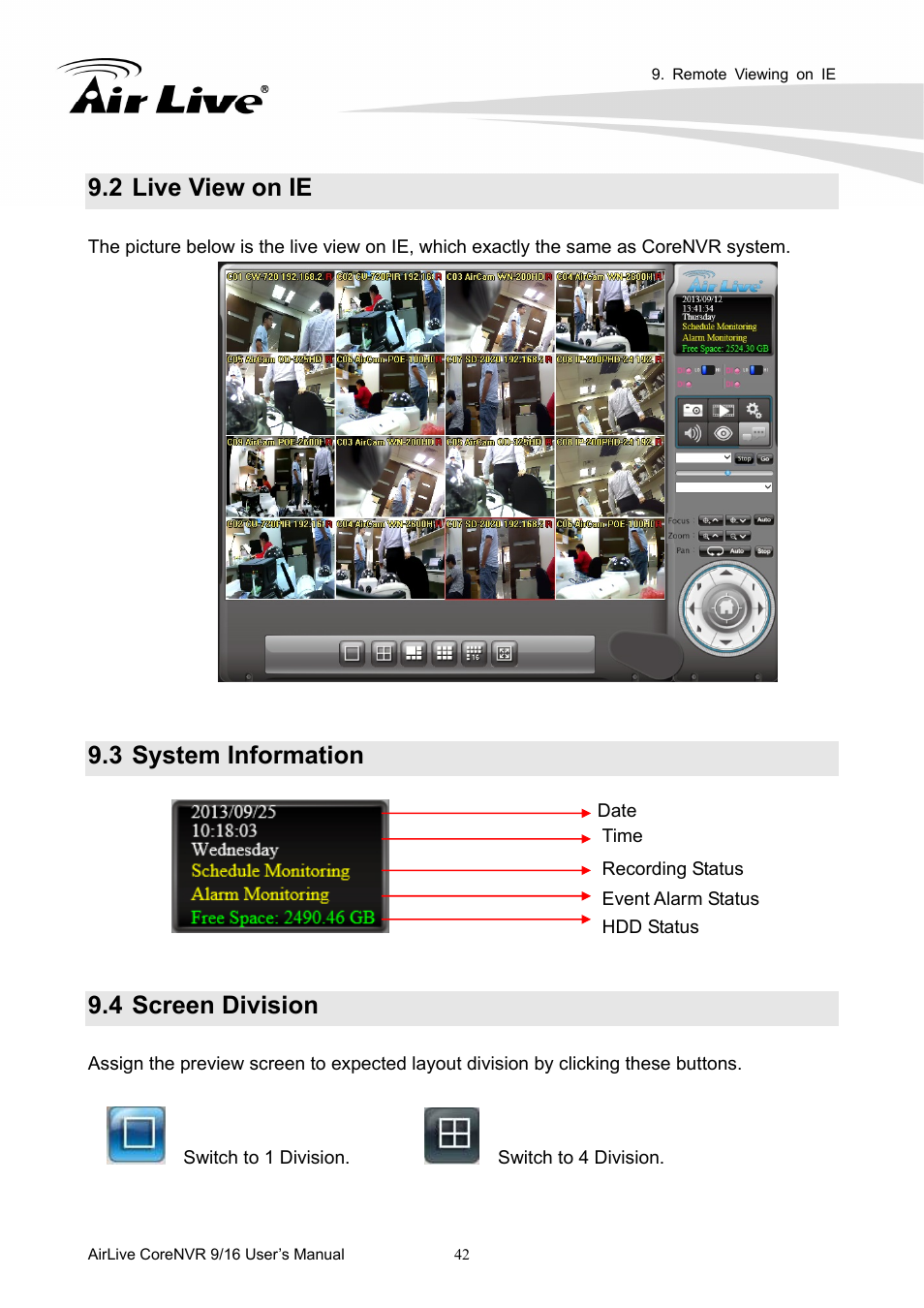 2 live view on ie, 3 system information, 4 screen division | AirLive CoreNVR 9 User Manual | Page 48 / 55