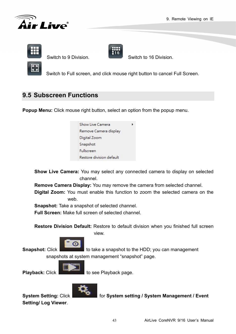 5 subscreen functions | AirLive CoreNVR 9 User Manual | Page 49 / 55