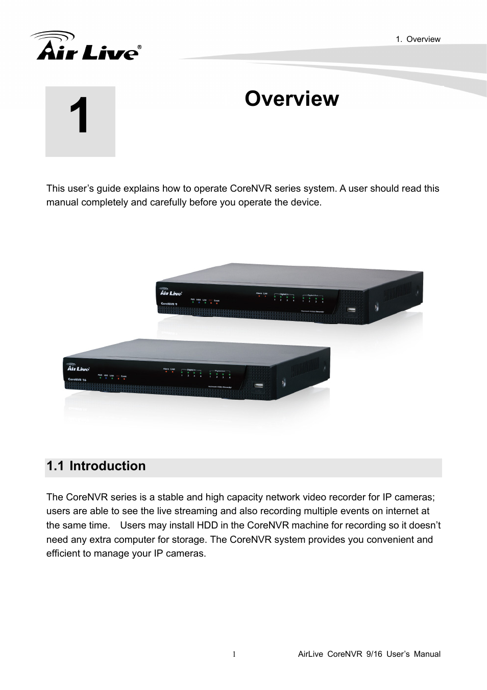 Overview, 1 introduction | AirLive CoreNVR 9 User Manual | Page 7 / 55