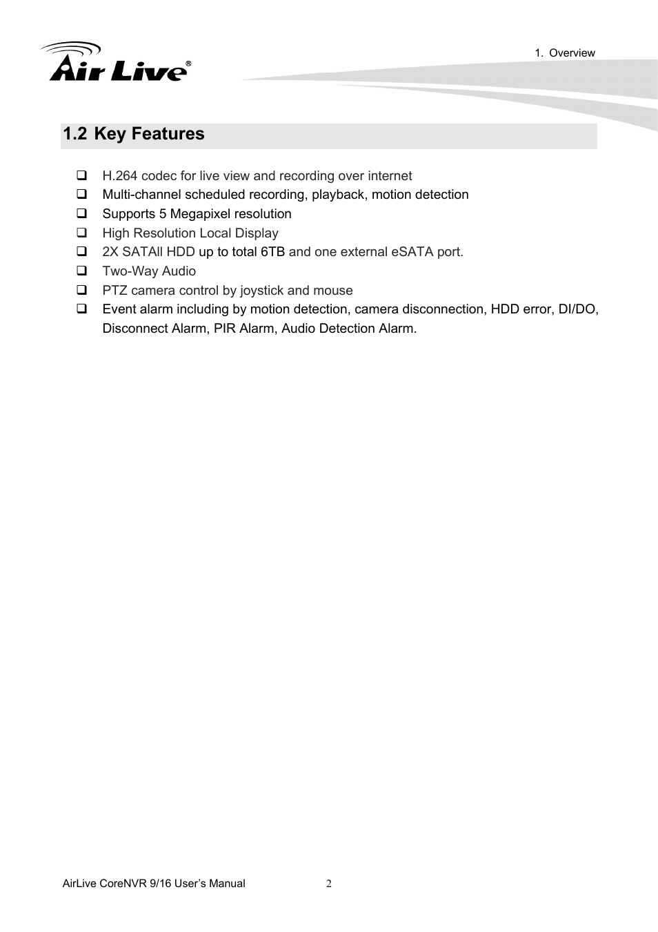 2 key features | AirLive CoreNVR 9 User Manual | Page 8 / 55