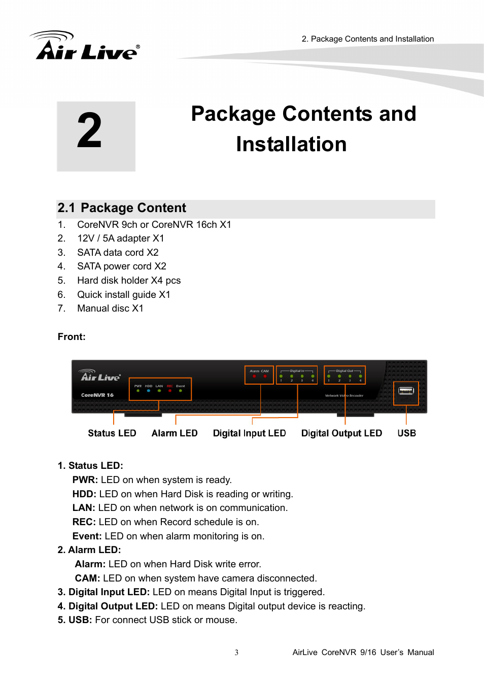 Package contents andinstallation, 1 package content, Package contents and installation | AirLive CoreNVR 9 User Manual | Page 9 / 55