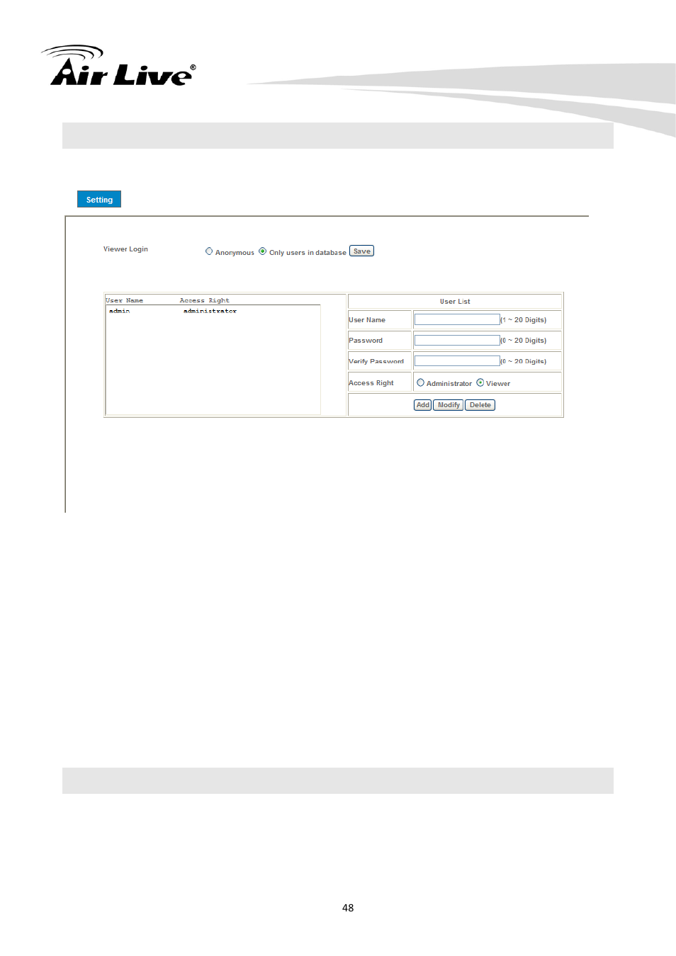 7 manage user name, password and login privilege, 8 e-mail, Manage user name, password and login privilege | E-mail | AirLive CU-720PIR User Manual | Page 53 / 97