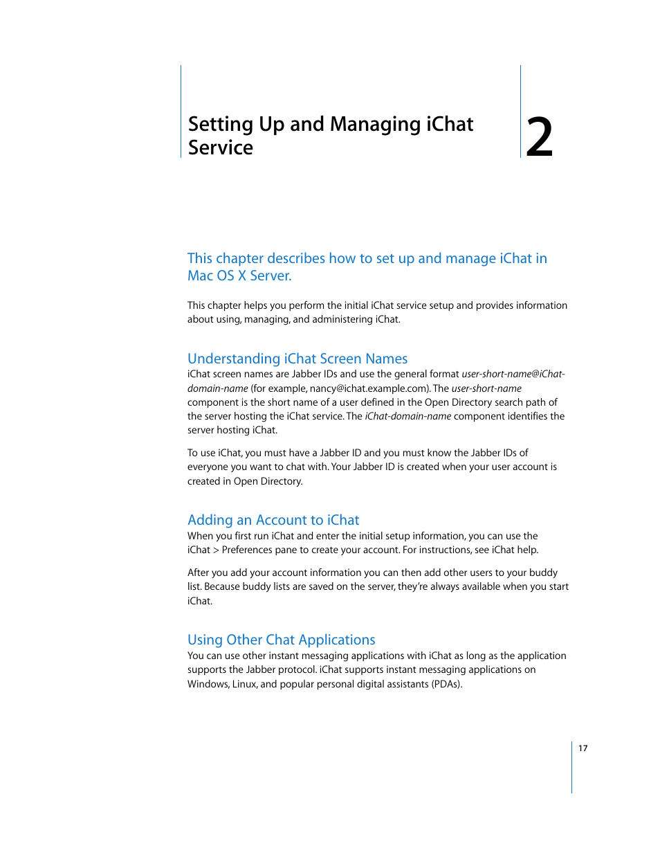 Setting up and managing ichat service, Understanding ichat screen names, Adding an account to ichat | Using other chat applications, Chapter 2 | Apple Mac OS User Manual | Page 17 / 42