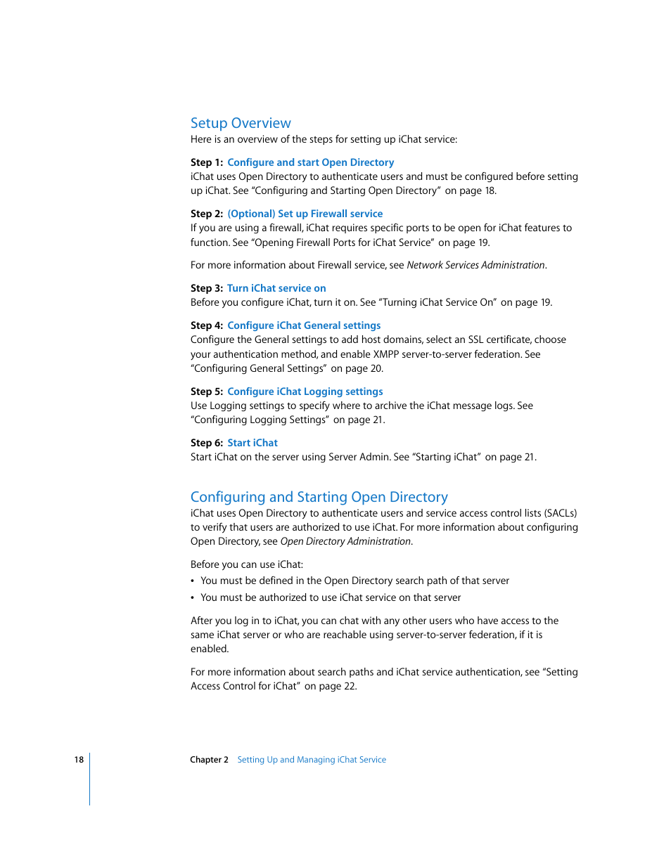 Setup overview, Configuring and starting open directory | Apple Mac OS User Manual | Page 18 / 42