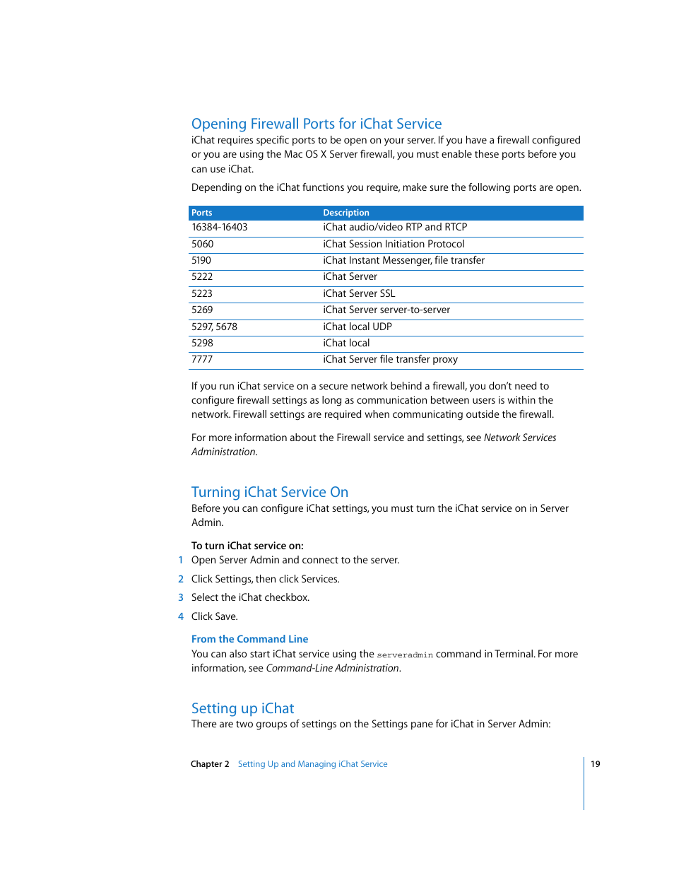 Opening firewall ports for ichat service, Turning ichat service on, Setting up ichat | See “setting up ichat” on | Apple Mac OS User Manual | Page 19 / 42