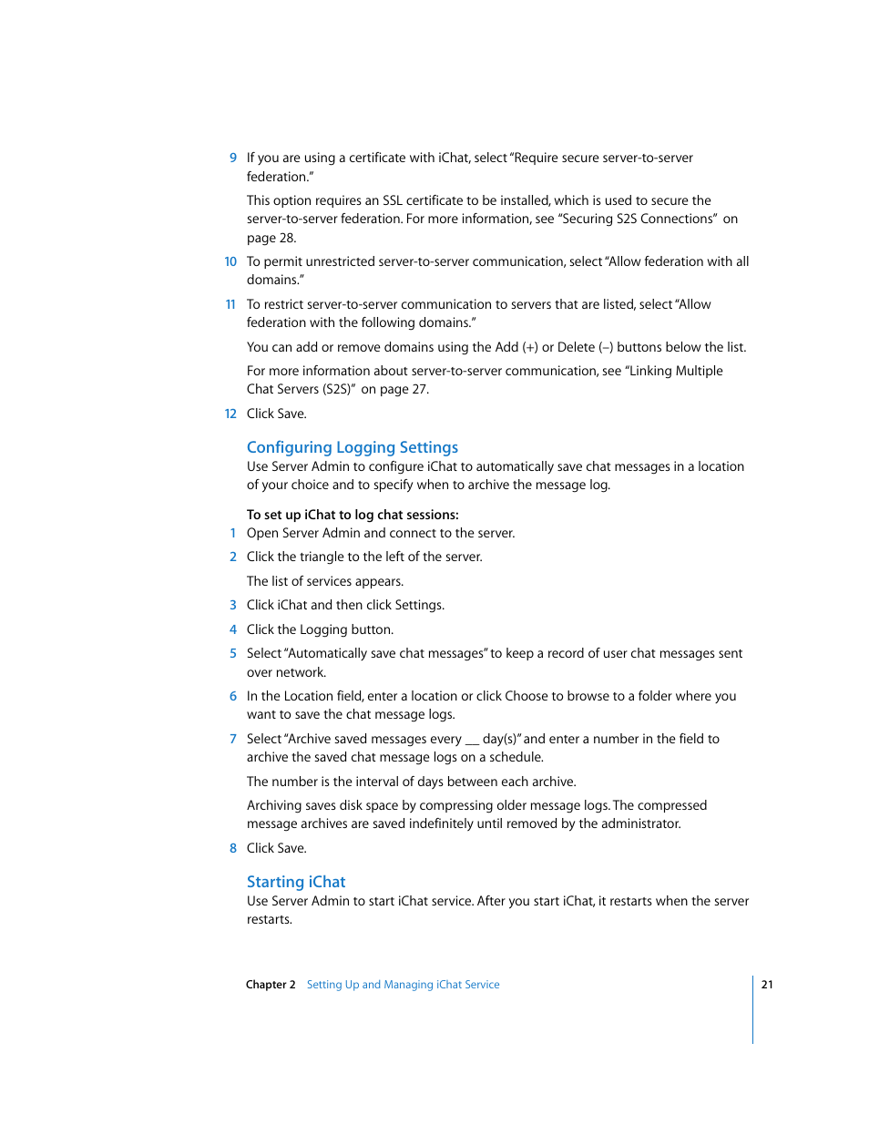 Configuring logging settings, Starting ichat | Apple Mac OS User Manual | Page 21 / 42