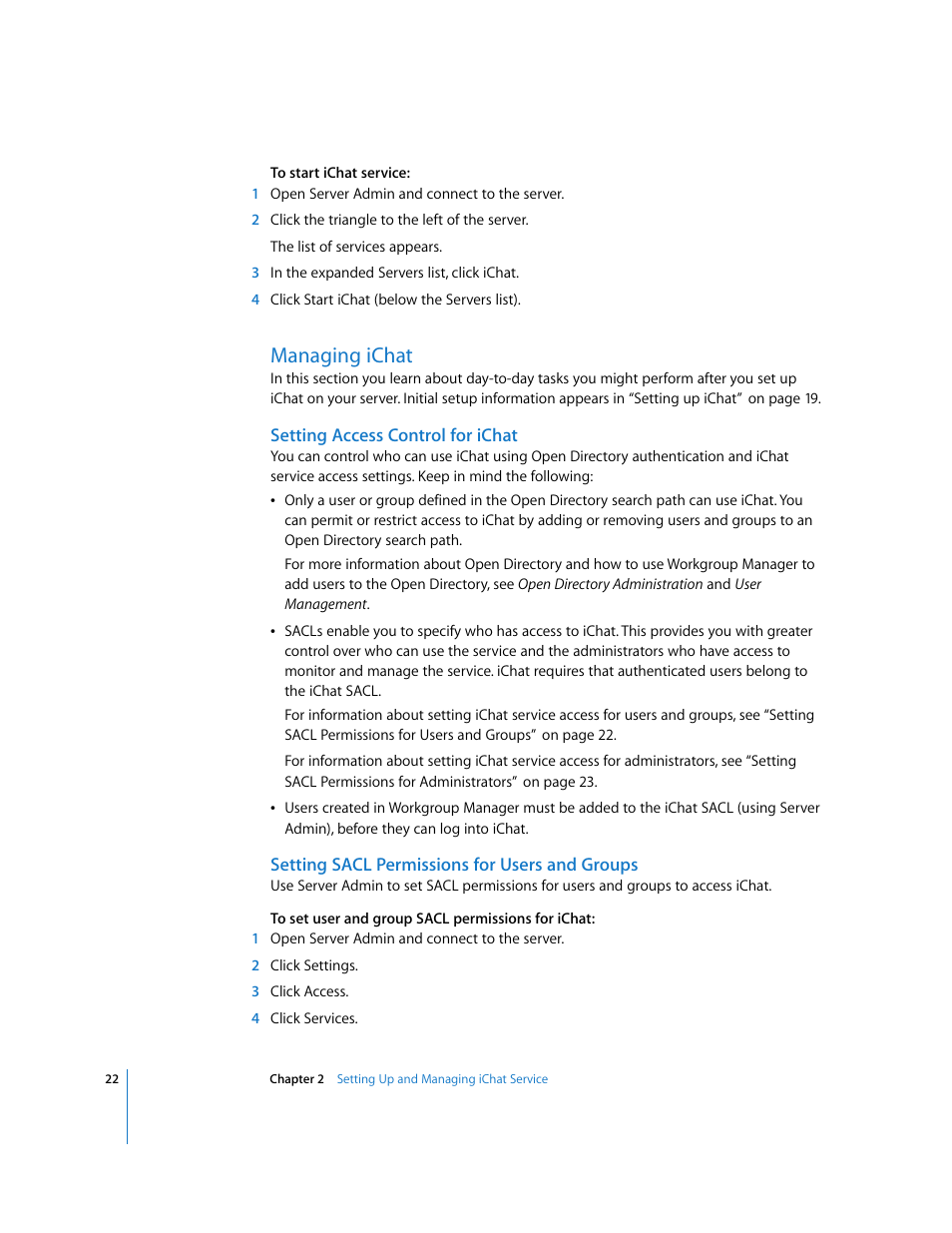 Managing ichat, Setting access control for ichat, Setting sacl permissions for users and groups | See “managing ichat” on | Apple Mac OS User Manual | Page 22 / 42