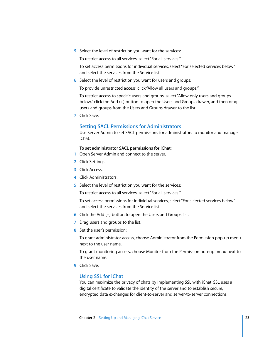Setting sacl permissions for administrators, Using ssl for ichat | Apple Mac OS User Manual | Page 23 / 42