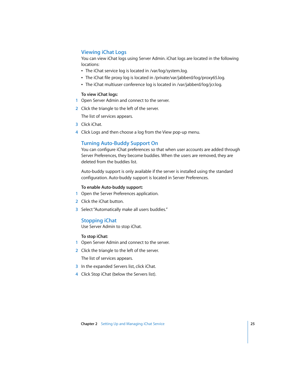 Viewing ichat logs, Turning auto-buddy support on, Stopping ichat | Apple Mac OS User Manual | Page 25 / 42