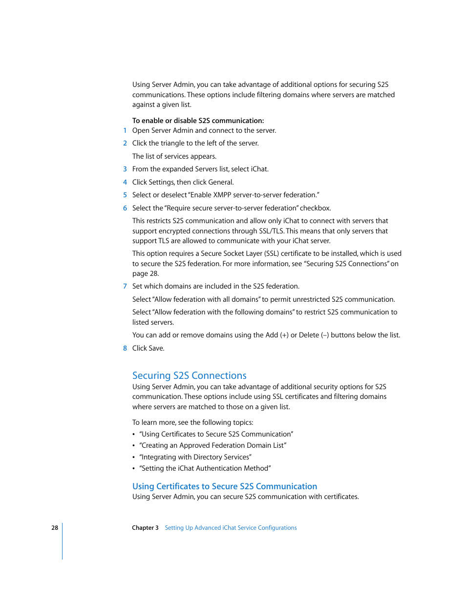 Securing s2s connections, Using certificates to secure s2s communication | Apple Mac OS User Manual | Page 28 / 42